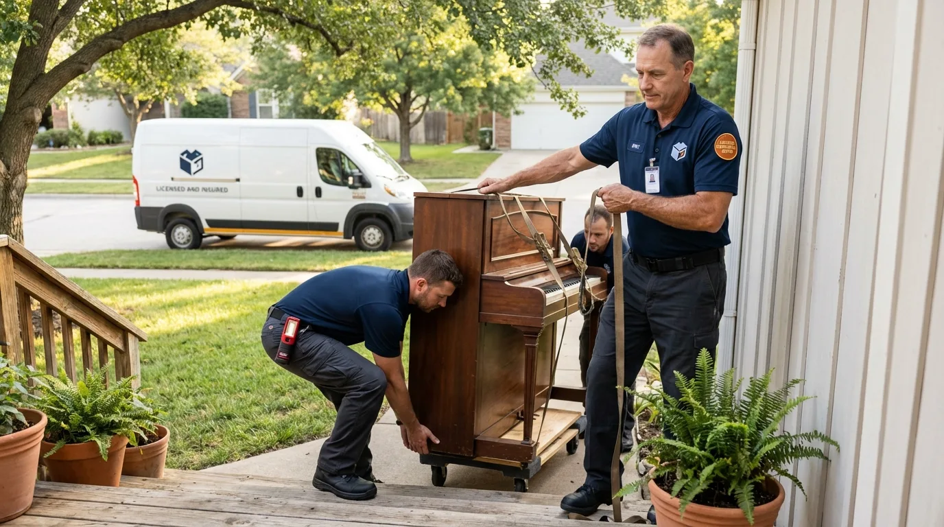 Licensed piano movers securing grand piano in Bowling Green, FL