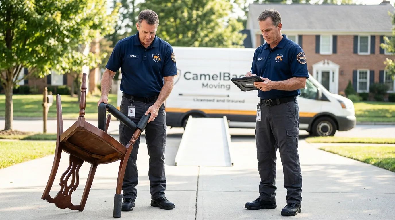 Movers inspecting furniture for damage prevention before loading in Bowling Green, FL
