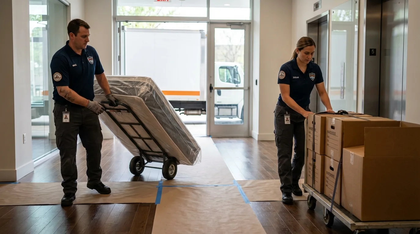 Professional apartment movers loading elevator in Bowling Green, FL